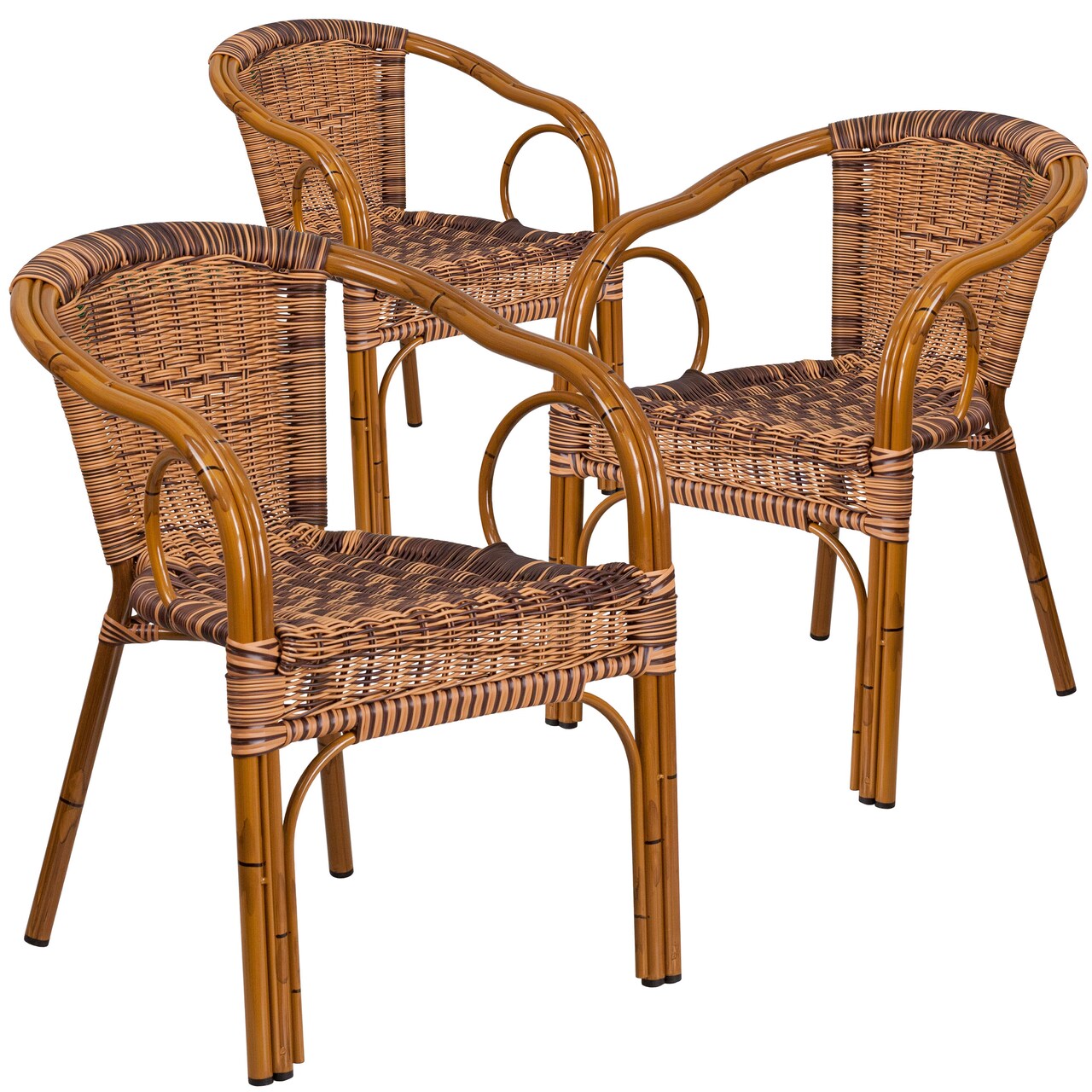 Emma and Oliver 3 Pack Rattan Restaurant Patio Chair with Bamboo-Aluminum Frame